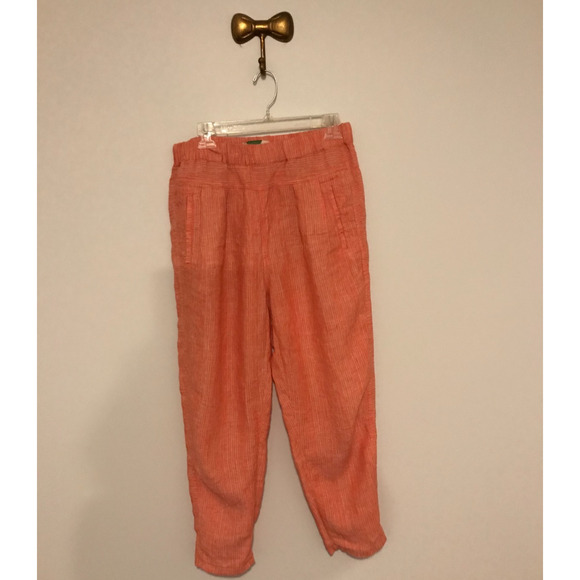 Anthropologie Coral/Pink Striped Linen High-Rise Cropped Pants - Size Small - Picture 1 of 10